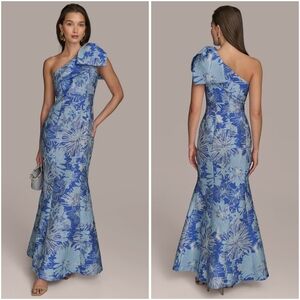 Donna Karan Floral Brocade One Shoulder Bow Gown Dazzling Blue Multi 8
